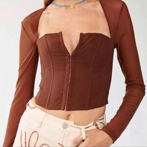 With Jean chocolate brown mesh long sleeve square neck corset top size XS
